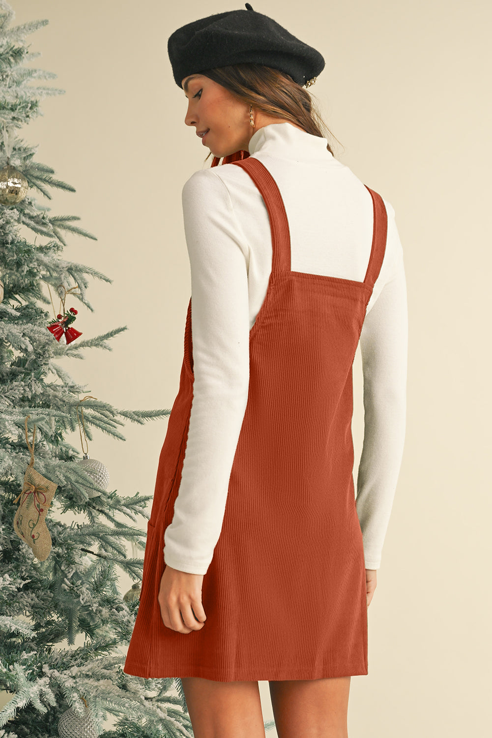 Cinnamon Corduroy Front Pockets Overall Dress