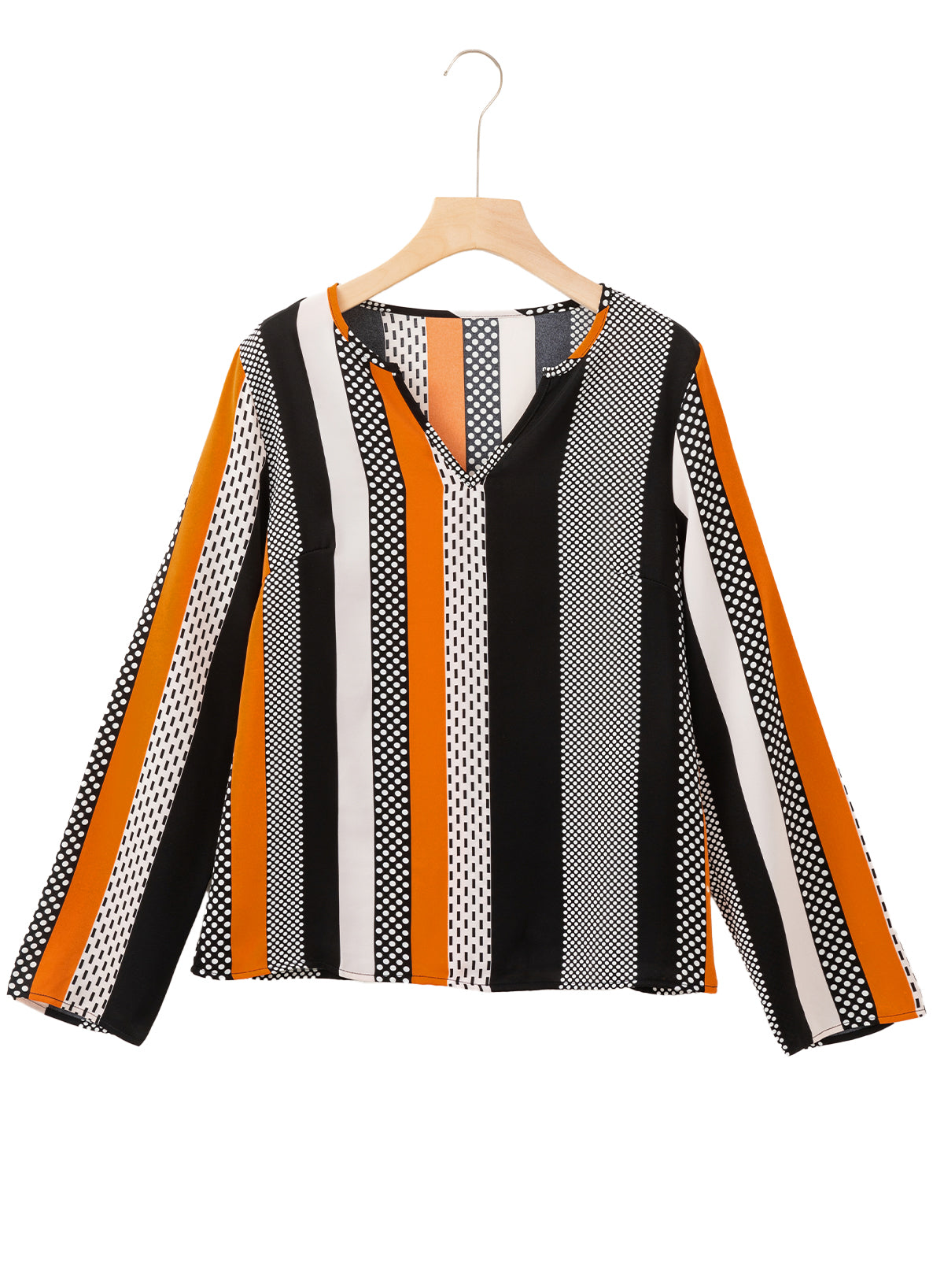 Orange Polka Dot Print Colorblock Notched Neck Top