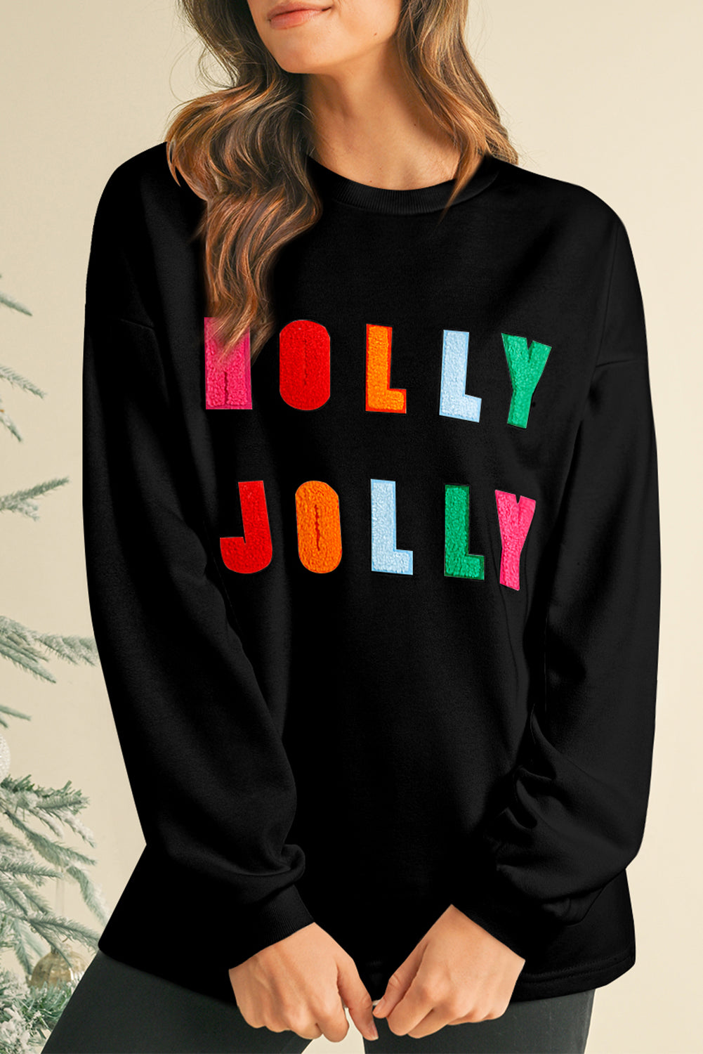 Black Chenille Holly Jolly Graphic Christmas Long Sleeve Top