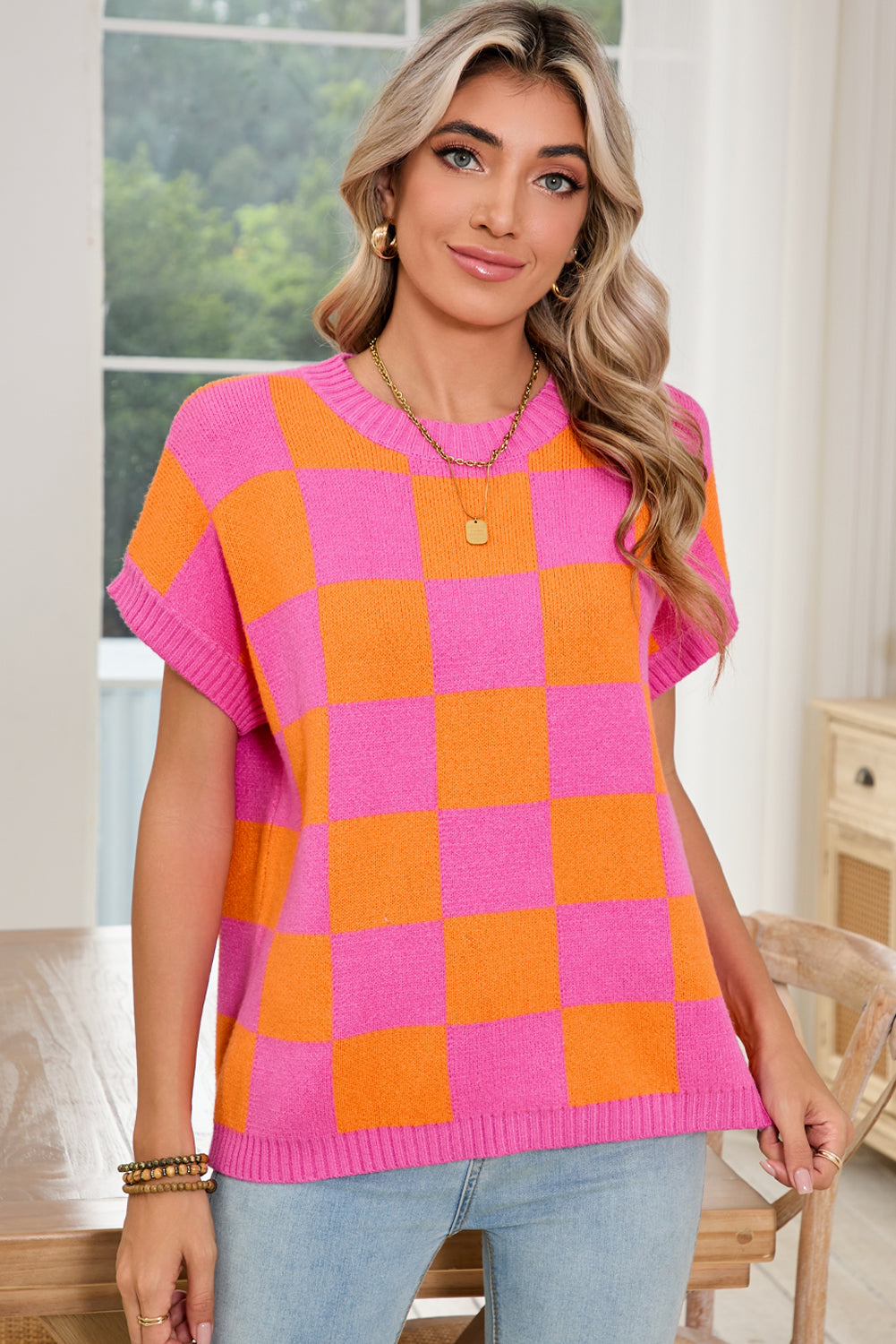 Strawberry Pink Colorblock Plaid Knit Dolman Tee