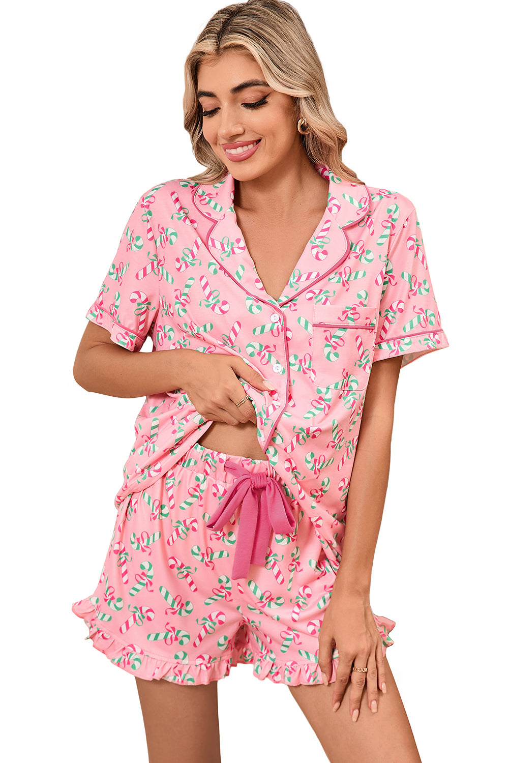 Green Christmas Candy Cane Print Ruffle Hem Pajama Set