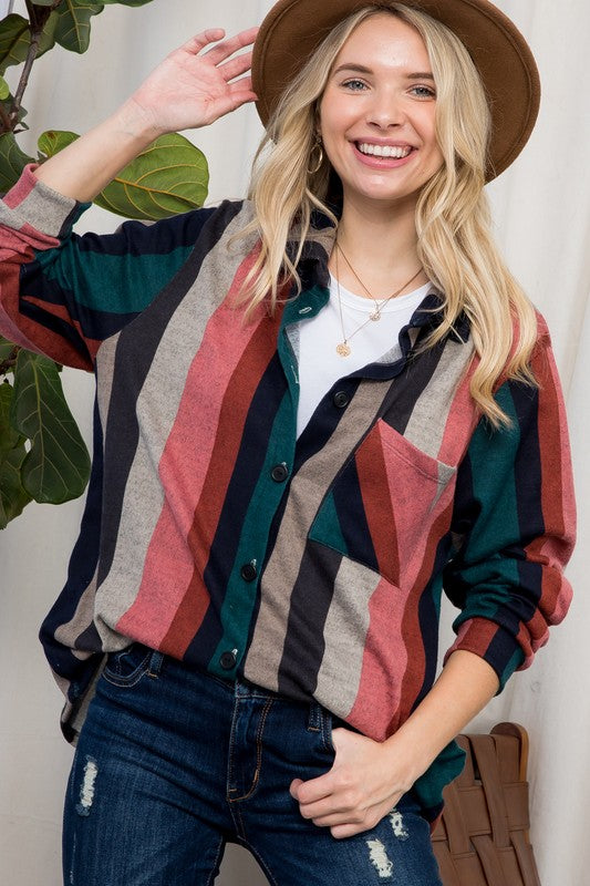 PLUS COZY STRIPE BUTTON DOWN SHACKET