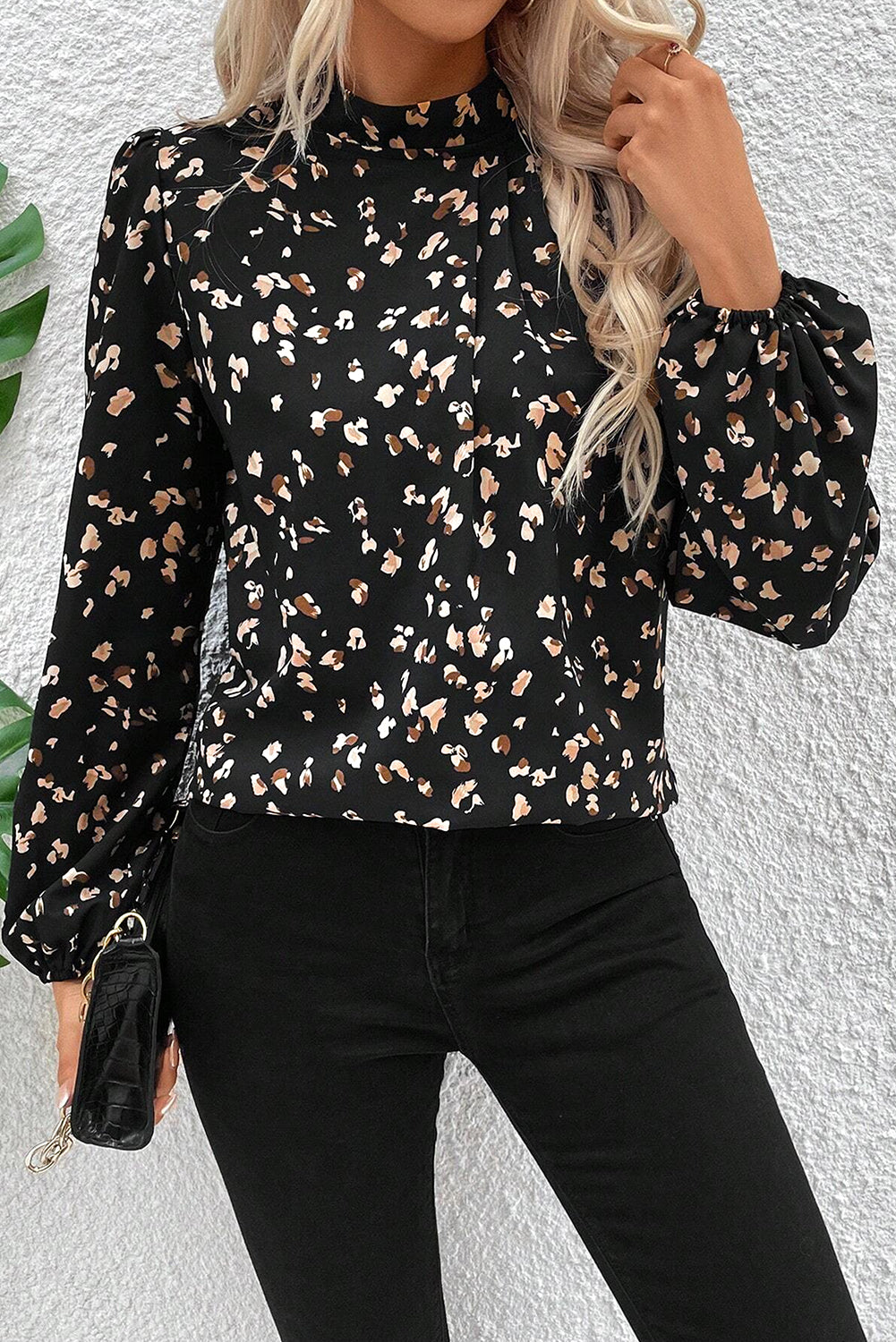 Black Leopard Print Puff Sleeve Mock Neck Pleated Blouse