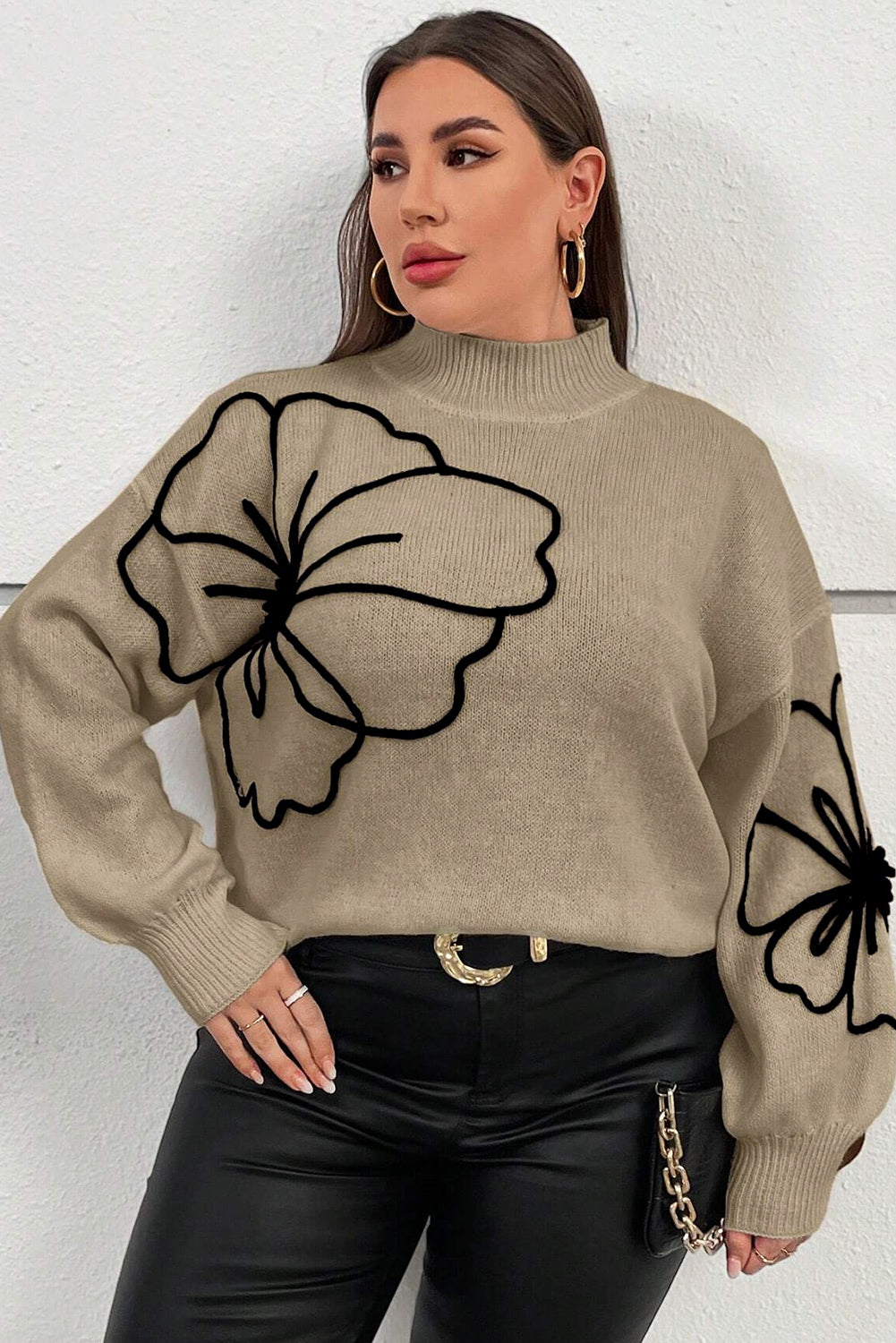 Dark Khaki Plus Size Flower Pattern High Neck Drop Shoulder Sweater