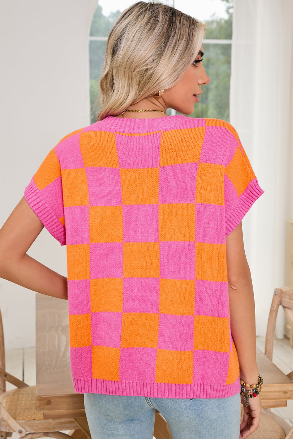 Strawberry Pink Colorblock Plaid Knit Dolman Tee