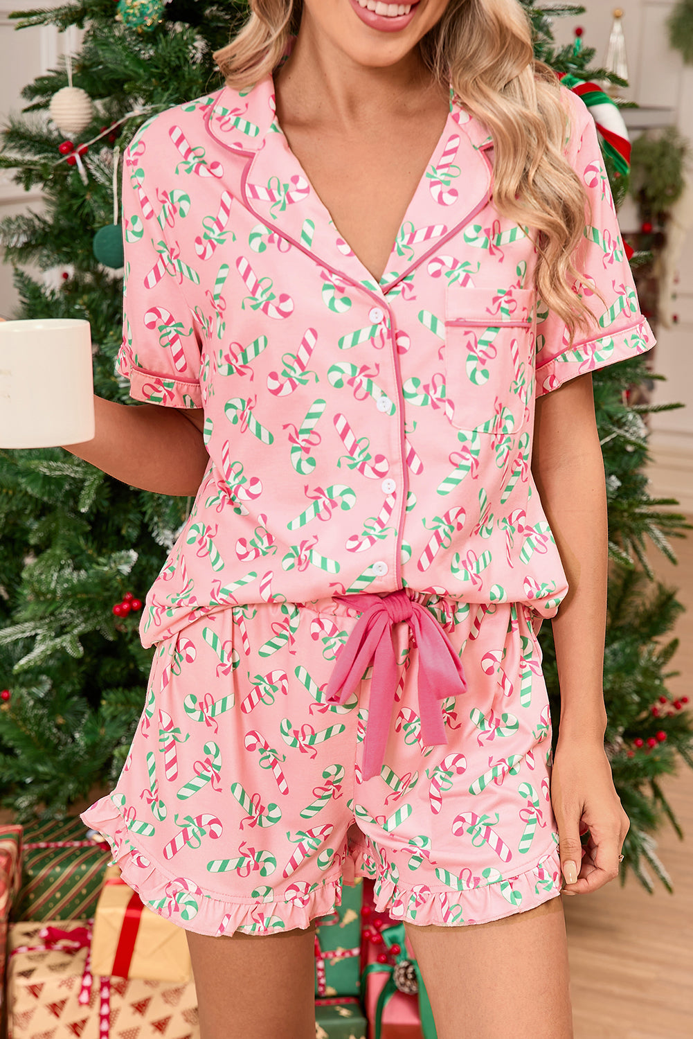 Green Christmas Candy Cane Print Ruffle Hem Pajama Set