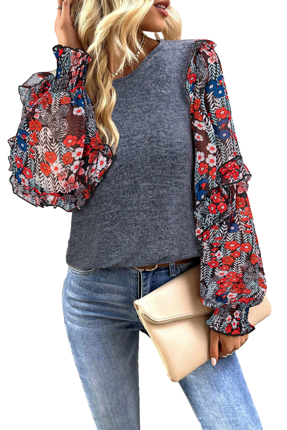 Blue Floral Ruffle Sleeve Patchwork Top