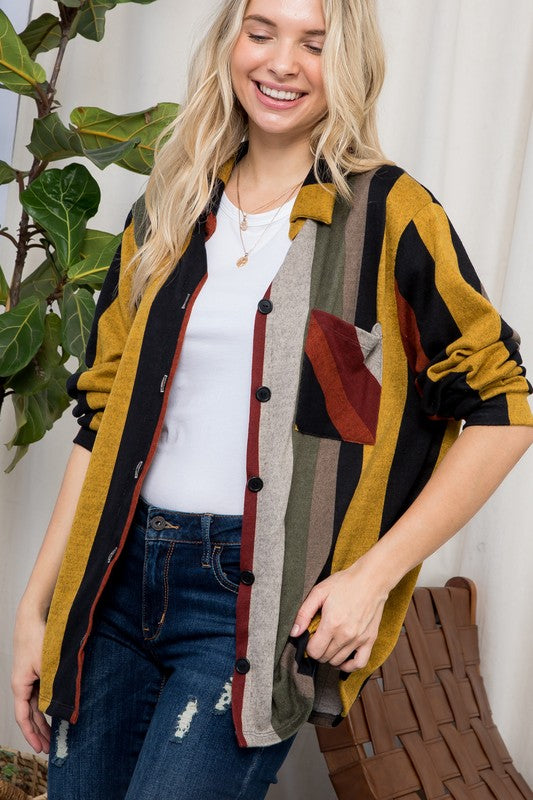 PLUS COZY STRIPE BUTTON DOWN SHACKET