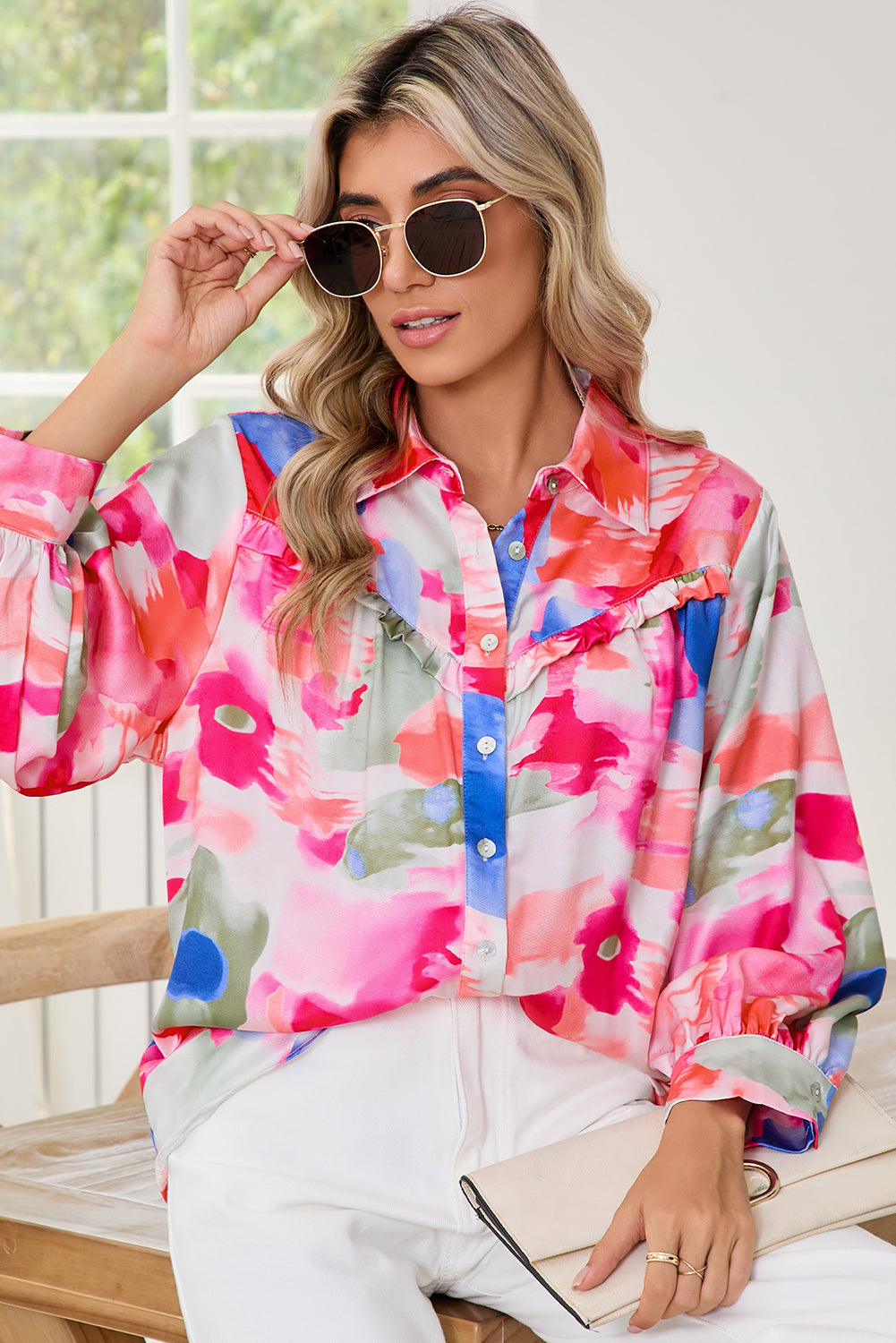 Multicolour Abstract Print Frill Detail Button Up Shirt