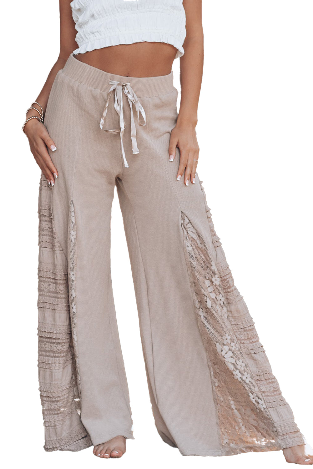 Smoke Gray Lace Patchwork Wide Leg High Waist Pants