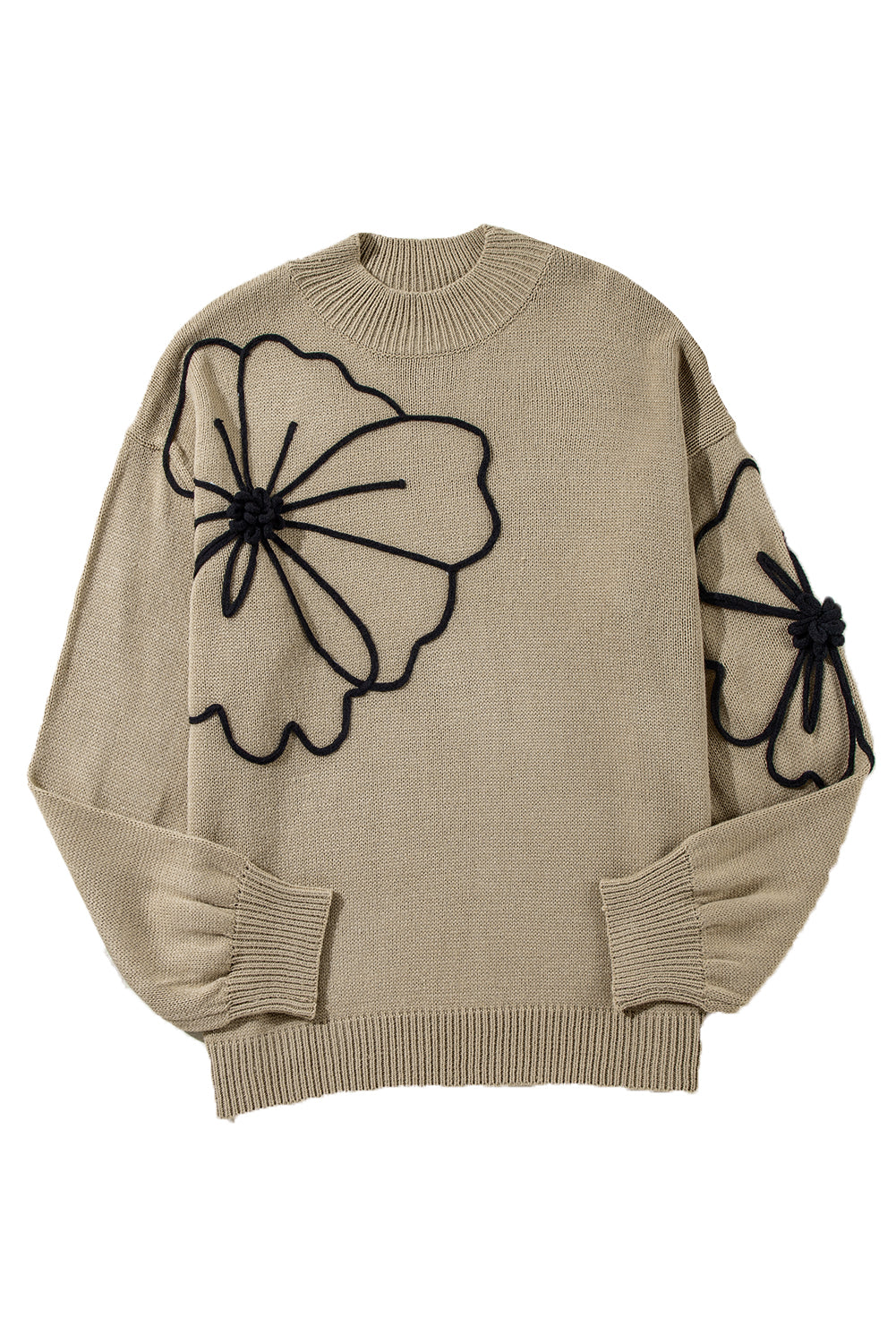 Dark Khaki Plus Size Flower Pattern High Neck Drop Shoulder Sweater