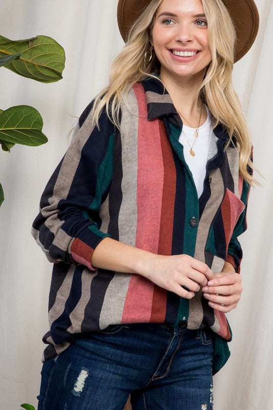 PLUS COZY STRIPE BUTTON DOWN SHACKET