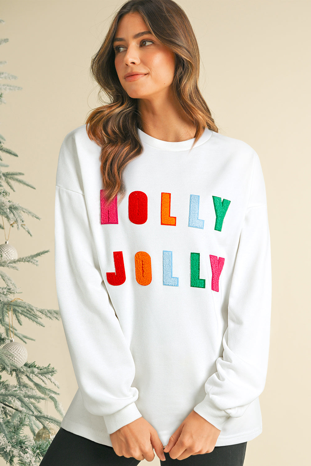 Black Chenille Holly Jolly Graphic Christmas Long Sleeve Top