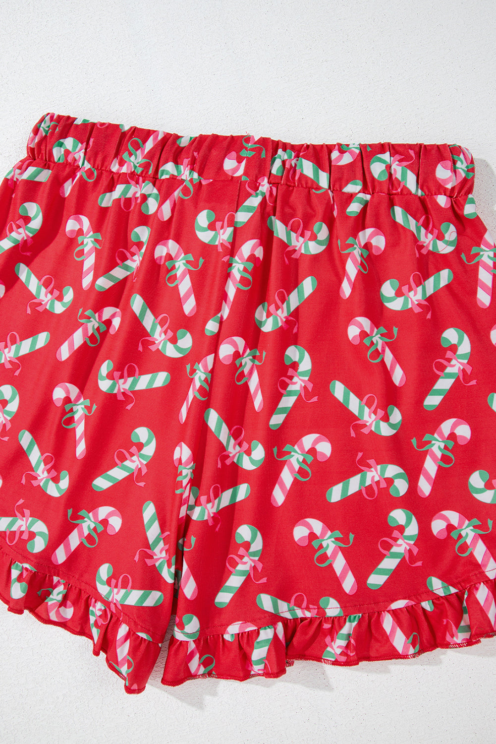 Green Christmas Candy Cane Print Ruffle Hem Pajama Set