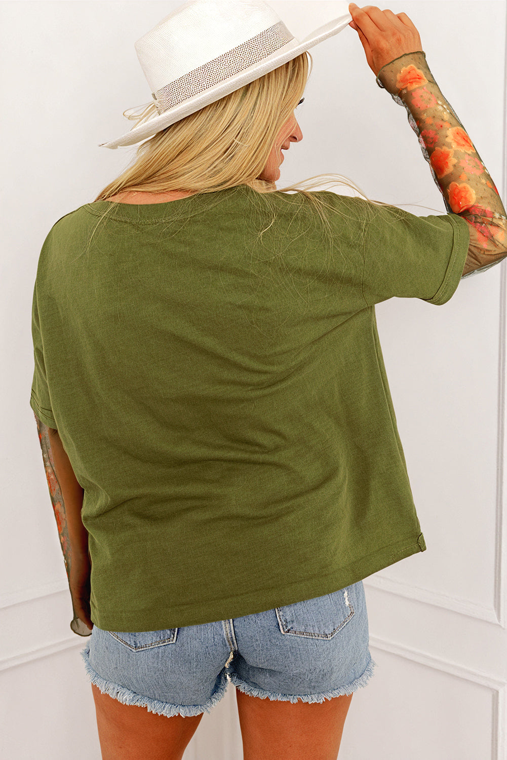 Fern Green Floral Mesh Patchwork Sleeve Crewneck Top