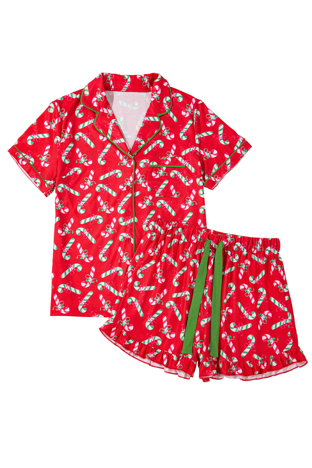 Green Christmas Candy Cane Print Ruffle Hem Pajama Set