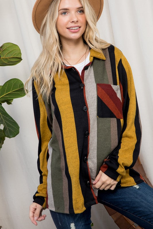 PLUS COZY STRIPE BUTTON DOWN SHACKET